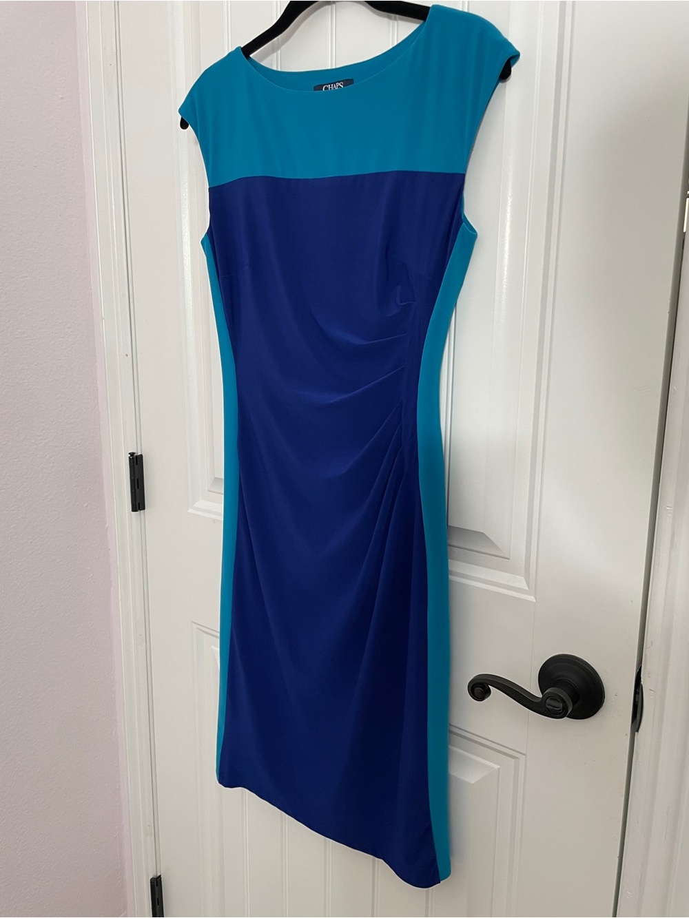 Chaps Blue & Turquoise Color Block Ruched Sheath Dress XS - Picture 3 of 17